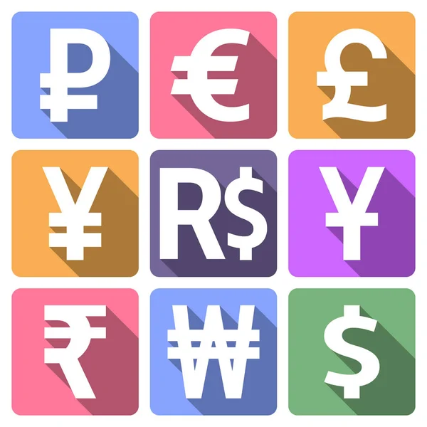 Currency flat icons with long shadow — Stock Vector