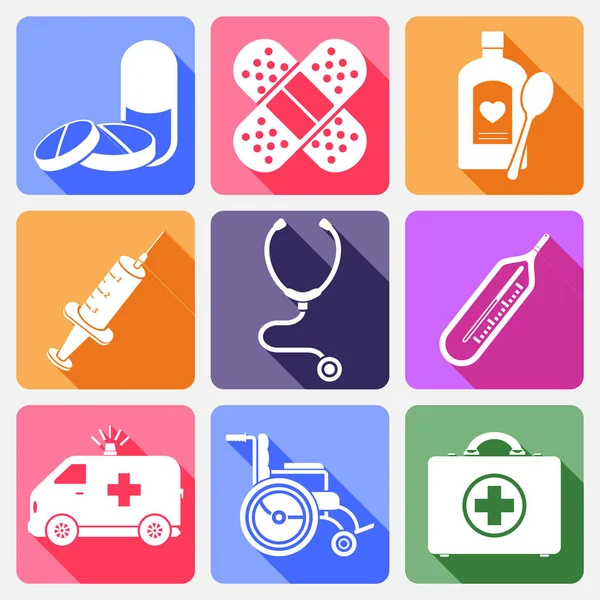 Iconos planos médicos, diseño de sombras largas — Vector de stock