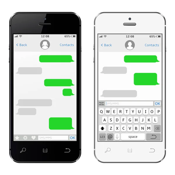 स्मार्टफ़ोन काले और सफेद, चैट एसएमएस ऐप टेम्पलेट भाषण बुलबुले — स्टॉक वेक्टर