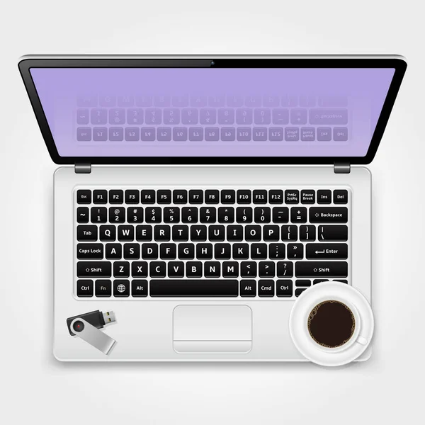 USB flash drive en kopje koffie staande op de laptop — Stockvector