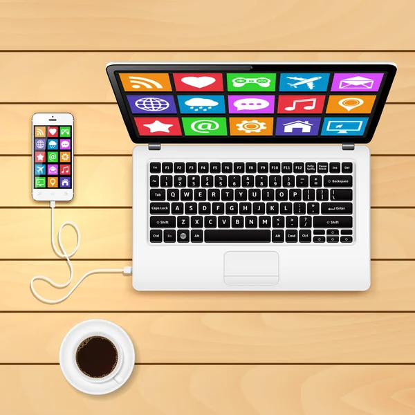 Laptop mit Tasse Kaffee und Smartphone auf Holztisch — Stockvektor