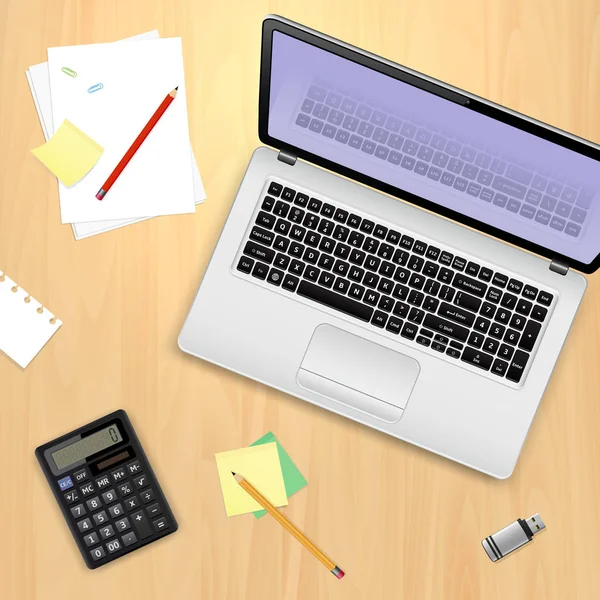 Büroarbeitsplatzkonzept. Laptop, Taschenrechner, Bleistift, Flash-Laufwerk, Haftnotizen und Papierblätter auf Holzgrund. — Stockvektor