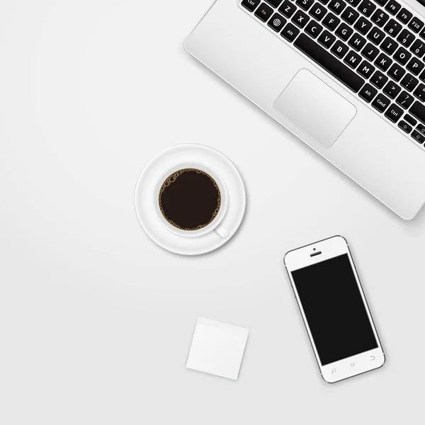 Espace de travail moderne avec ordinateur portable, tasse à café et smartphone. Vue du dessus . — Image vectorielle