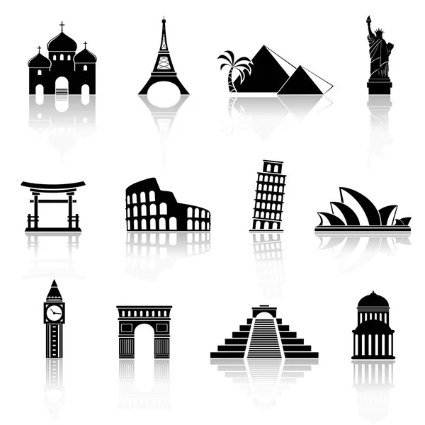 Παγκόσμια μνημεία εικονίδια. Παγκόσμια διάσημα κτίρια αφηρημένη σιλουέτες — Διανυσματικό Αρχείο
