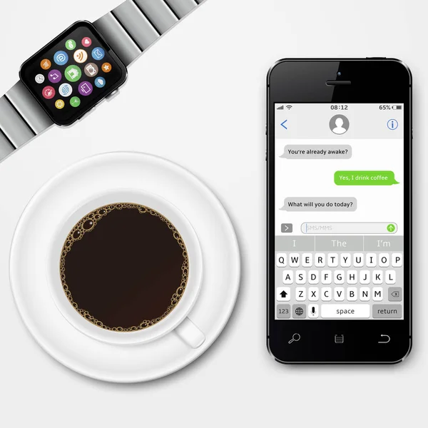 Telefone celular, relógio inteligente e xícara de café — Vetor de Stock