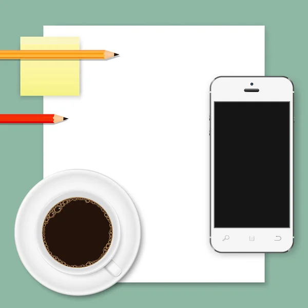 Contexte commercial abstrait de feuille de papier blanc, smartphone, tasse à café et crayons — Image vectorielle