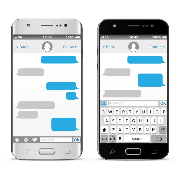 Smartphones com mensagens sms bate-papo na tela isolada no fundo branco —  Vetores de Stock