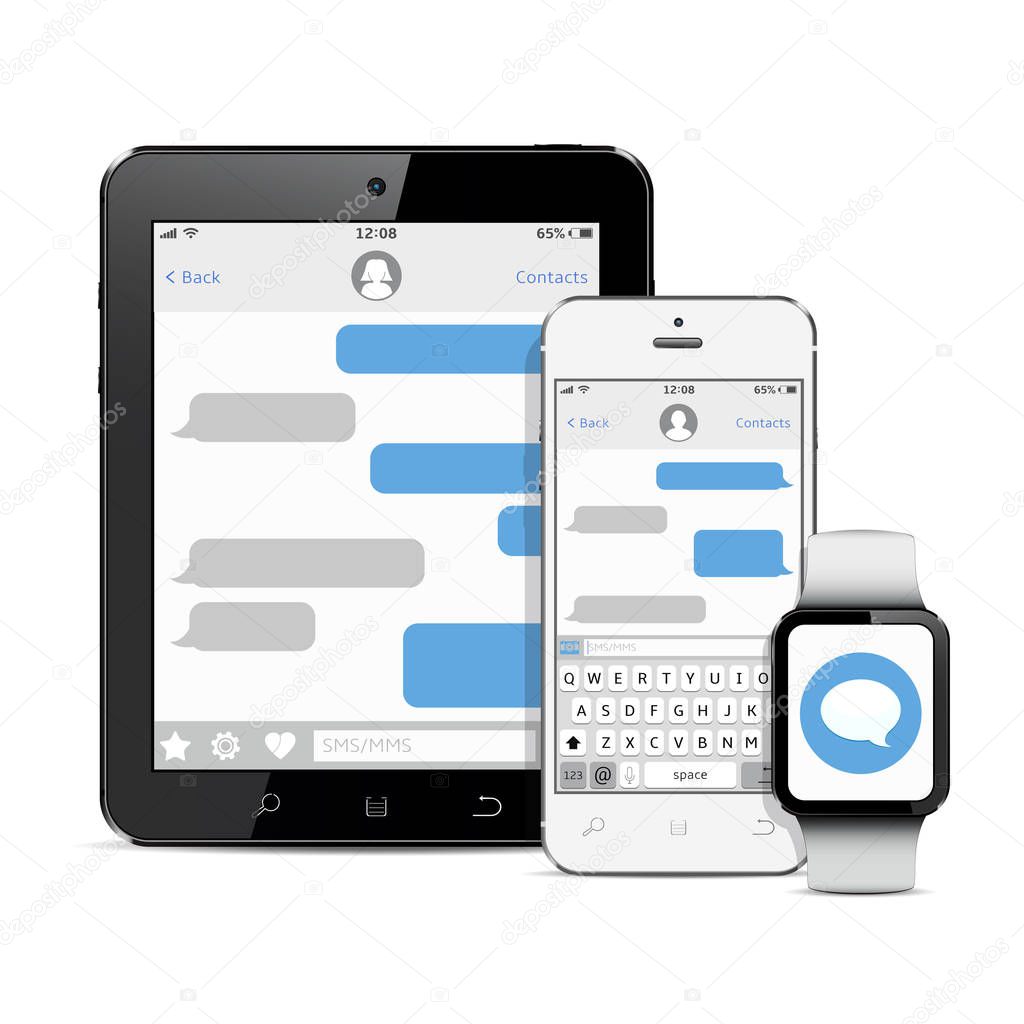 Chating and messaging concept. Tablet, mobile phone and smart watch with messaging sms app.