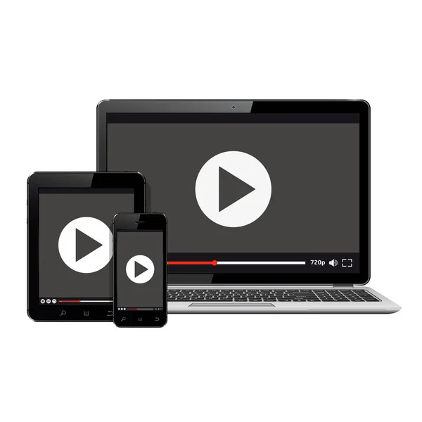 Moderni dispositivi digitali con lettore video sullo schermo — Vettoriale Stock