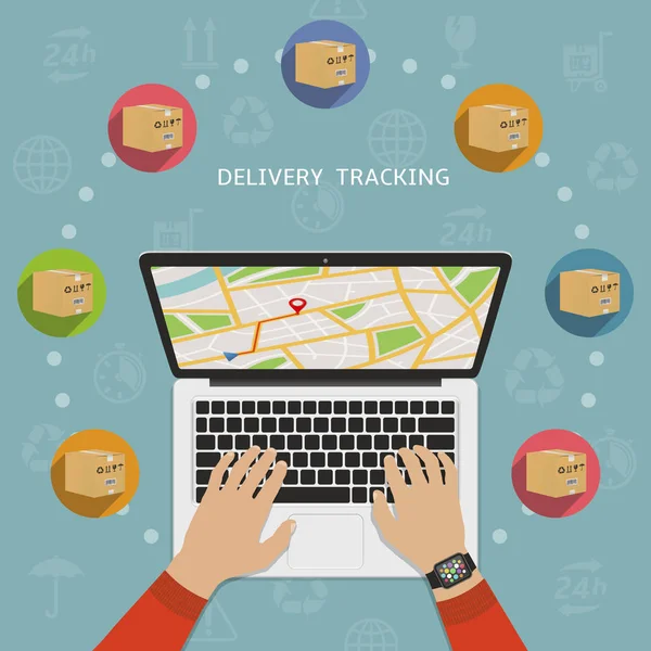 Shipping parcel tracking order flat design concept. A person keeps track of parcels — Stock Vector