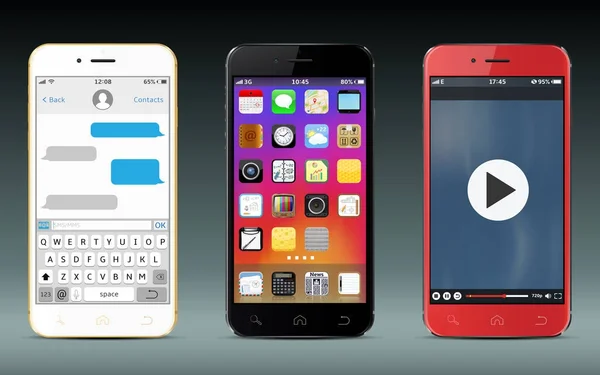 Telefones inteligentes com ícones, aplicativo sms de mensagens e widget de player de vídeo — Vetor de Stock