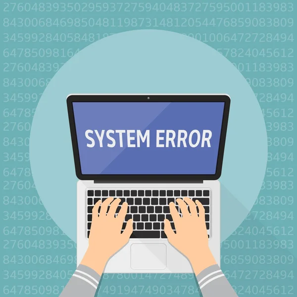Koncept počítačové systémové chyby. Ruce na klávesnici pro laptop s systému chybová zpráva na modré obrazovce. — Stockový vektor