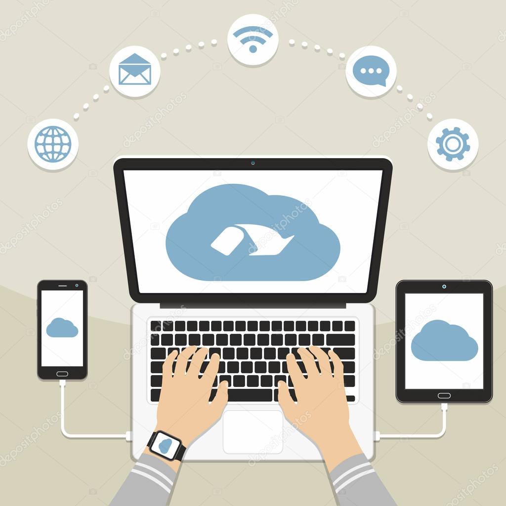 Cloud computing concept design. Man using laptop with devices connected to the cloud. Flat vector illustration.