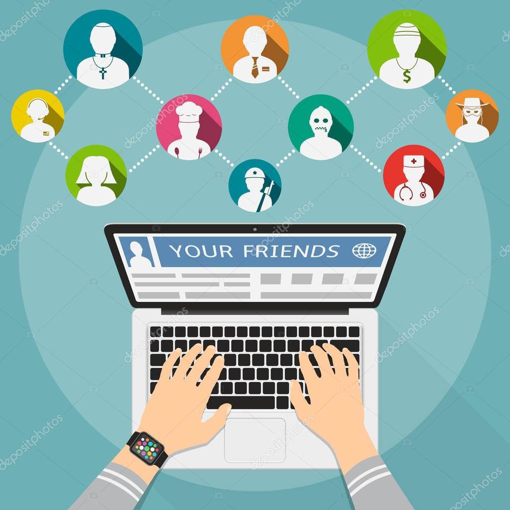 Friends in social networks. Flat design concept. Male hands type a message in social networks.