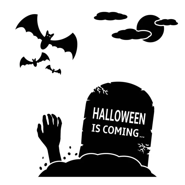 Halloween az elkövetkező koncepció. Sírkő-zombi kéz és denevérek — Stock Vector