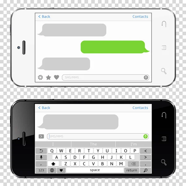 Teléfonos móviles en blanco y negro con aplicación sms de chat aislados en fondo transparente . — Vector de stock