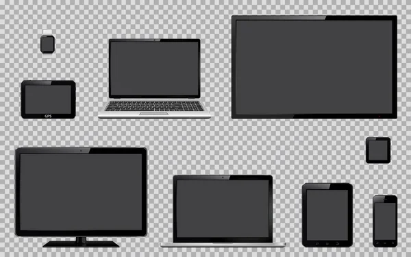 Sada realistické Tv, monitoru počítače, notebooky, tablet, mobilní telefon, inteligentní watch a zařízení Gps navigační systém s prázdná prázdná obrazovka — Stockový vektor