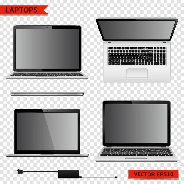Set di laptop in diverse posizioni isolati su sfondo trasparente — Vettoriale Stock