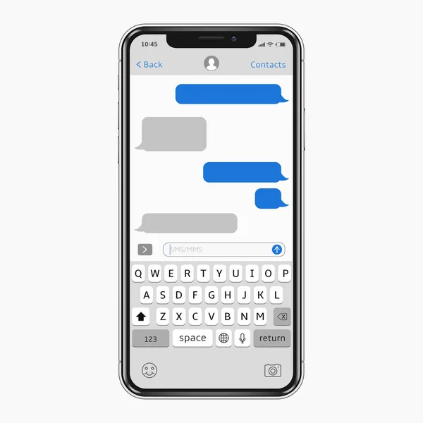 Alto teléfono inteligente realista detallado, chat sms aplicación burbujas de voz de la plantilla — Vector de stock