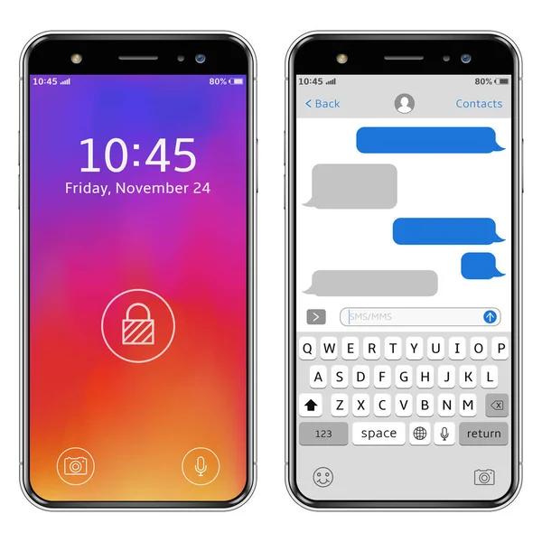 Modern okostelefonok bezár képernyő, és a csevegés sms app sablon rakhatja — Stock Vector