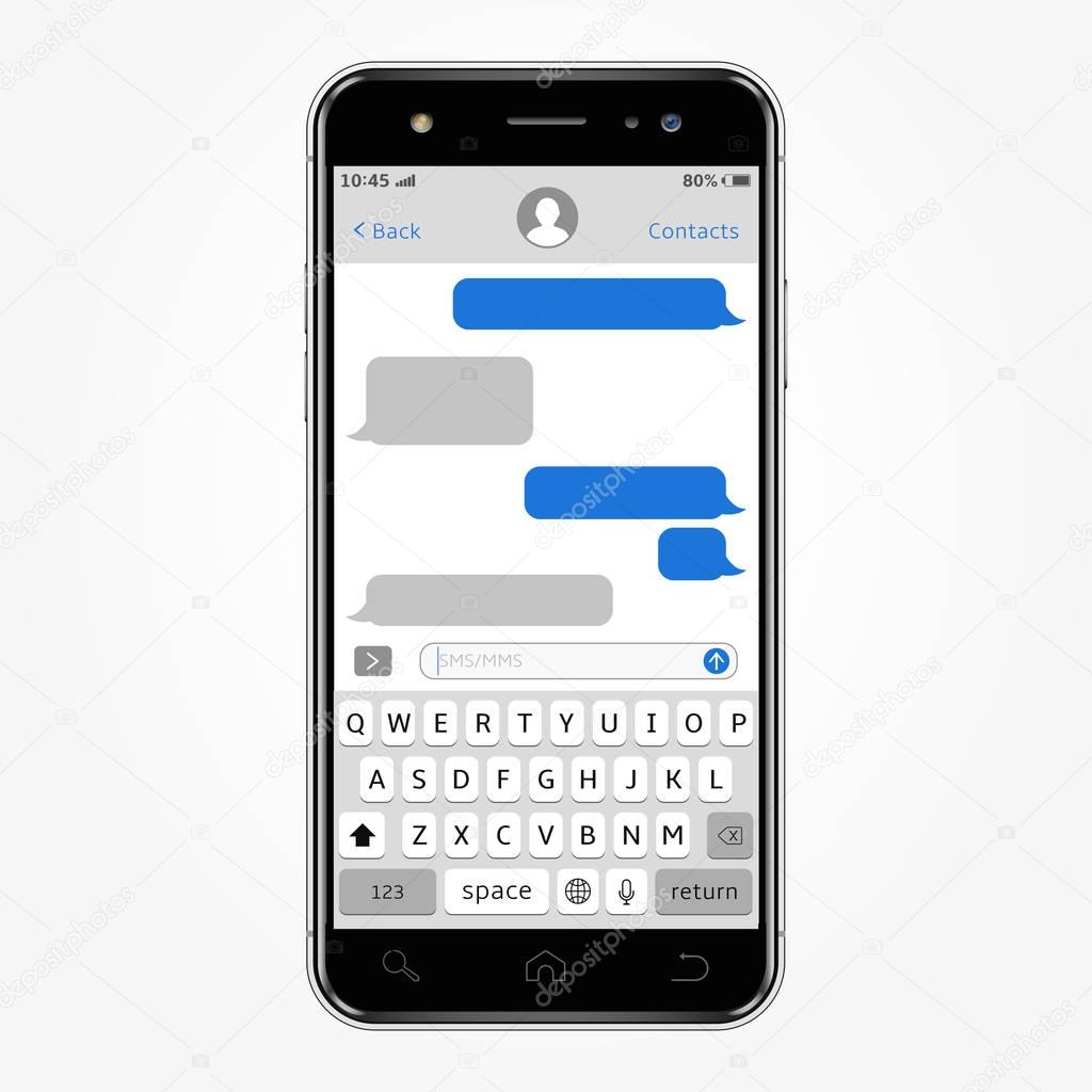 Realistic smartphone, chatting sms app template speech bubbles
