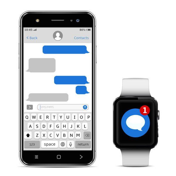 Smart phone and smart watch with messaging sms app. Chatting and messaging concept.