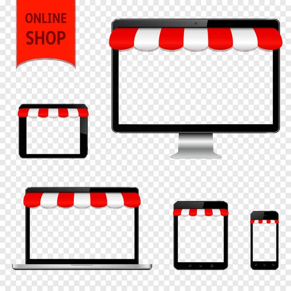 Concetto negozio mobile e online. Computer, laptop, smartphone e tablet con schermo trasparente e tenda da sole . — Vettoriale Stock