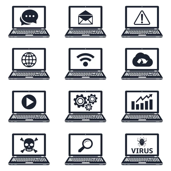 Collection of laptop icons with signs and symbols on screen — Stock Vector