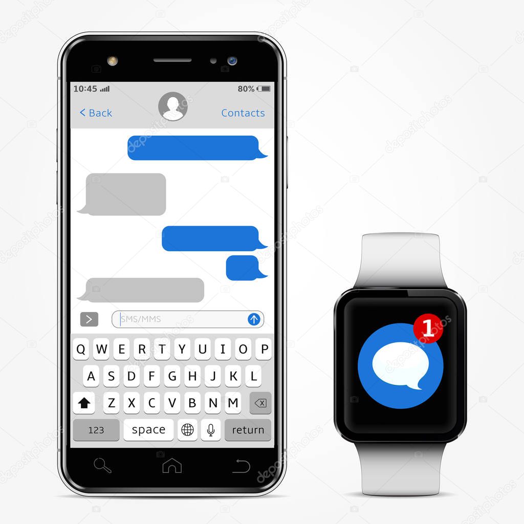 Smartphone with messaging sms chat on screen and smart watch with sms app