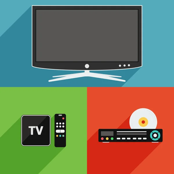 Smart TV, DVD player and TV box receiver flat design long shadow icons — Stock Vector