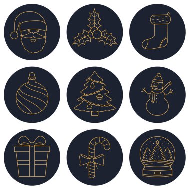 Noel ve yeni yıl tatilleri için vektör ince çizgi simgeler kümesi