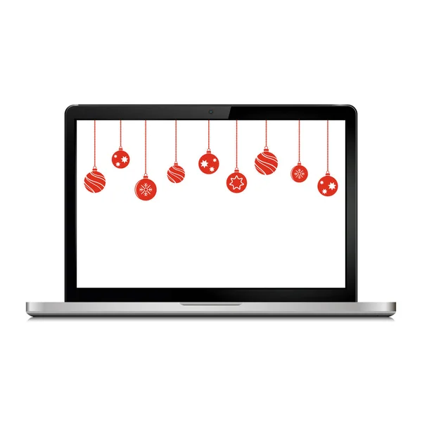 Laptop with Christmas balls decorations — Stock Vector