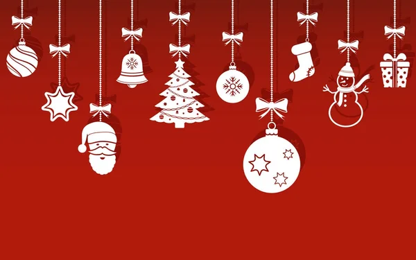 Décorations suspendues de Noël avec ombre sur fond rouge — Image vectorielle