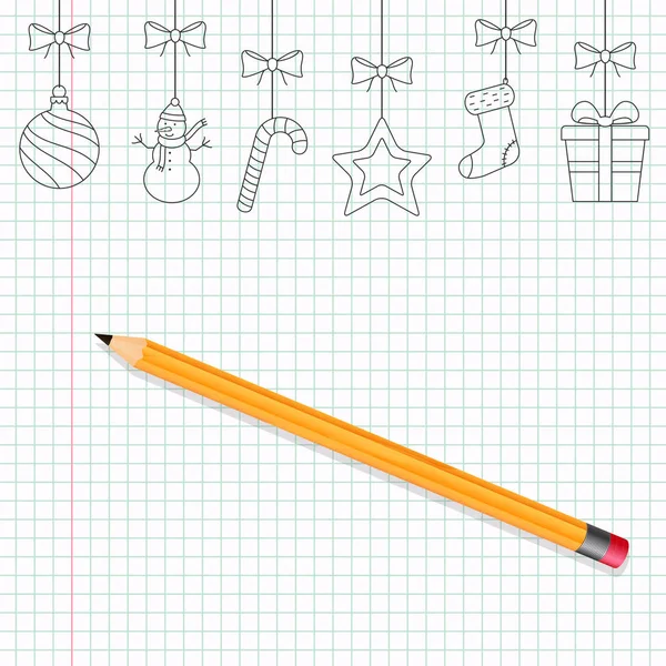 Kerst handgetekende ornamenten op laptop blad en potlood — Stockvector