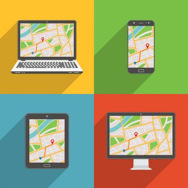 Düz tasarım uzun gölge modern vektör Icon set in becerikli alet ve cihazlarla Gps harita tarz