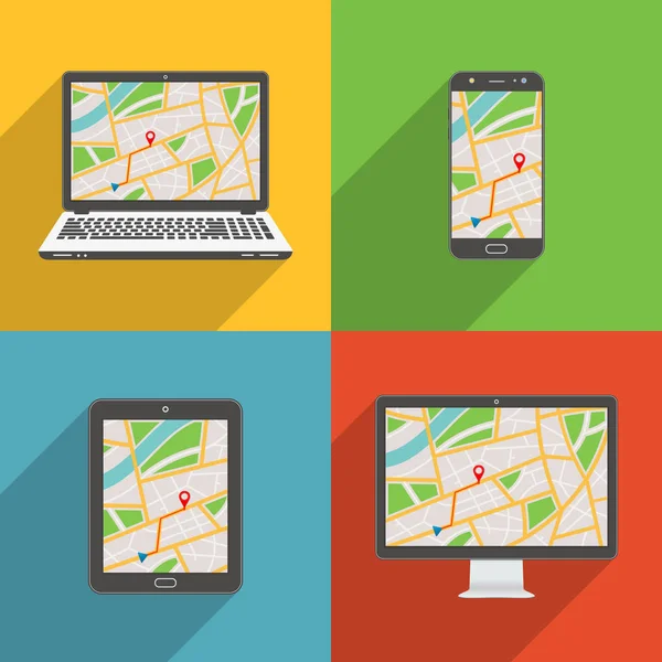 Diseño plano sombra larga estilo moderno vector icono conjunto de gadgets y dispositivos con mapa GPS — Vector de stock