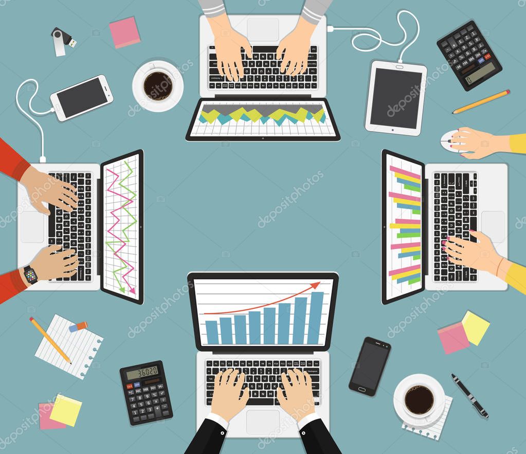Teamwork, brainstorming concept. Business analytics. Group of businessman working on laptops, top view. Flat design vector illustration.
