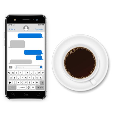 Gerçekçi vektör smartphone ile ekran ve kahve Kupası beyaz bir arka plan üzerinde sms sohbet