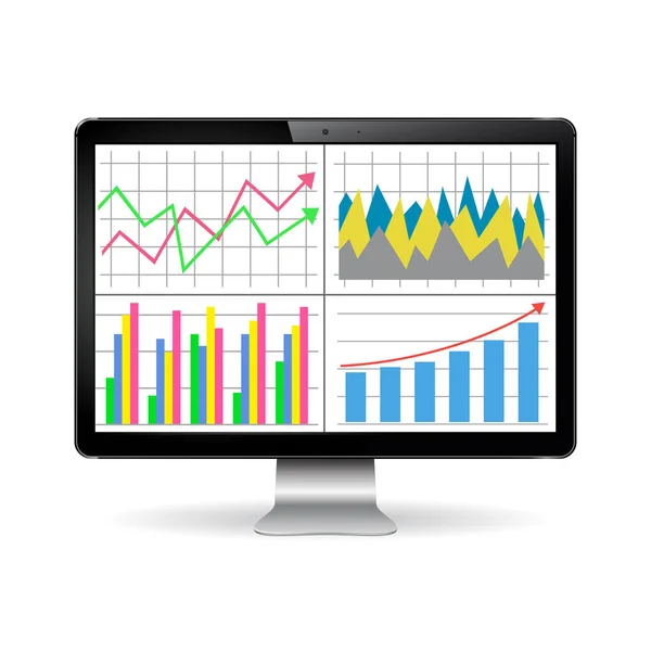 Ilustración de la pantalla de la computadora moderna con gráficos y diagramas en la pantalla. Informe estadístico de finanzas, análisis estadístico . — Archivo Imágenes Vectoriales