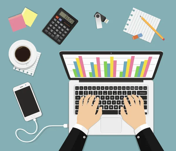 Geschäftsmann arbeitet an Laptop-Analyse von Diagramm-Statistik — Stockvektor