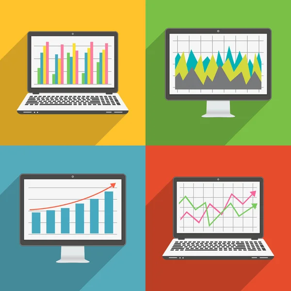 Computer screen and laptop flat design icons with financial charts and graphs — Stock Vector