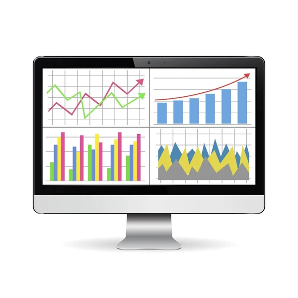 Computerscherm met financiële diagrammen en grafieken — Stockvector