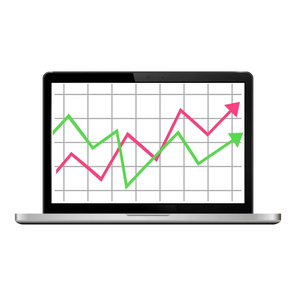 Portátil moderno con gráfico en la pantalla. Informe estadístico de finanzas, análisis estadístico . — Vector de stock