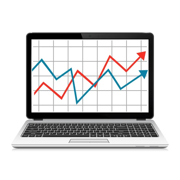 Portátil moderno con gráfico en pantalla. Informe estadístico de finanzas, análisis estadístico . — Vector de stock