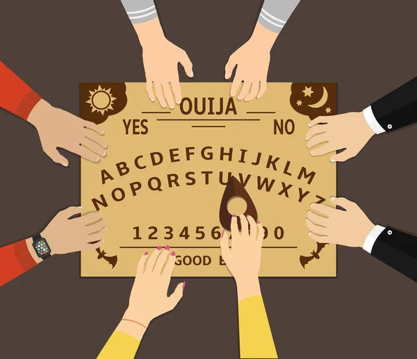 Jogando tabuleiro Ouija. Um grupo de pessoas se comunica com os espíritos através de um ouija conselho espiritual. Ilustração vetorial de design plano . — Vetor de Stock