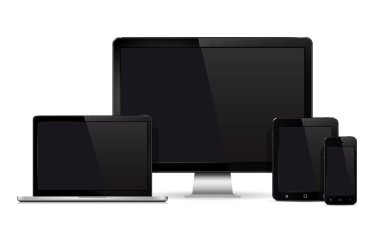 Aygıt mockup şablonu. Gerçekçi bilgisayar monitör, dizüstü bilgisayar, cep telefonu ve beyaz arka plan üzerinde izole tablet pc kümesi.