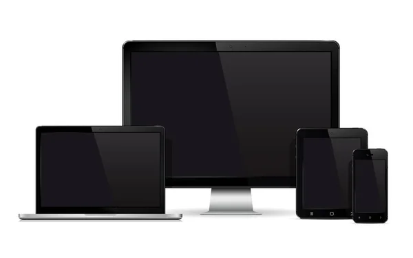 Dispositivo plantilla de maqueta. Conjunto de monitor de ordenador realista, ordenador portátil, teléfono móvil y tableta PC aislado sobre fondo blanco . — Vector de stock