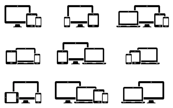 Ícones de web design responsivos para monitor de computador, smartphone, tablet e laptop — Vetor de Stock