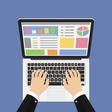 İşadamı laptop klavye üzerinde eller. Vektör çizim.