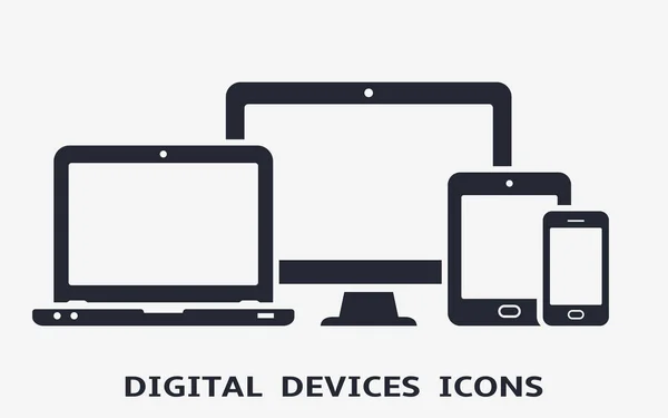 デバイスアイコン:スマートフォン、タブレット、ラップトップ、デスクトップコンピュータ。レスポンシブWebデザインのベクトル図. — ストックベクタ